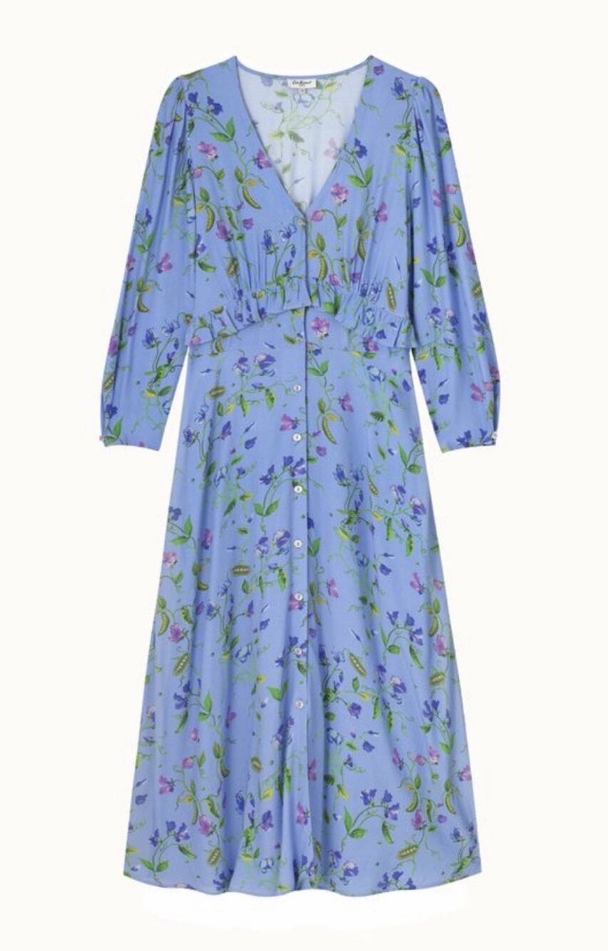 Cath Kidston Sweet Pea Dress Midi Tie Back Ruffle V Neck Blue Size US 6 UK 10